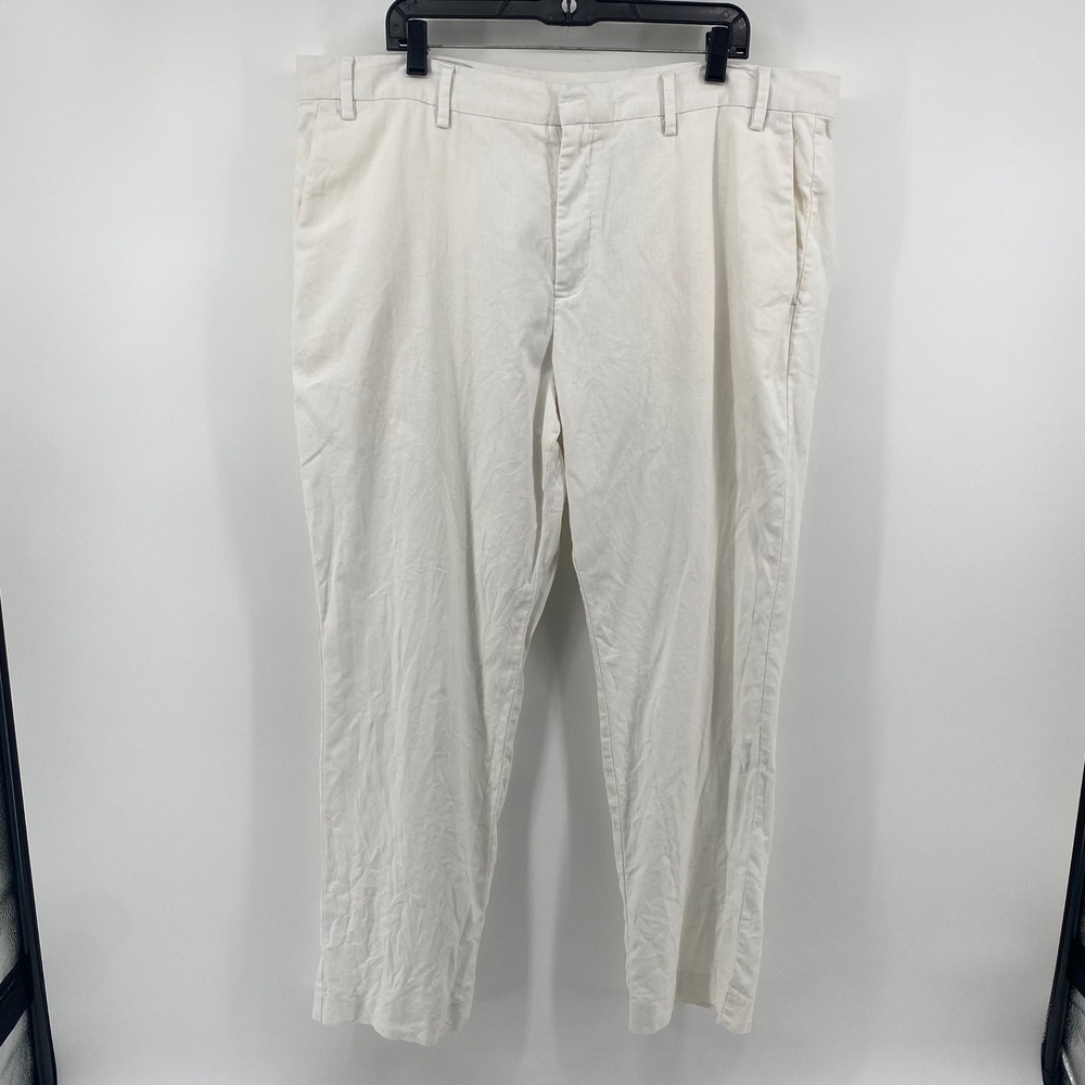 Perry Ellis Portfolio Pants Mens 40x30 White Linen Cotton Slim Fit Trousers